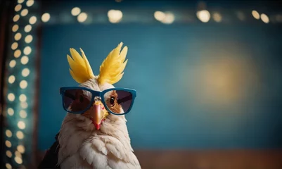 Foto auf Leinwand a chicken wearing sunglasses and a yellow mohawk   © Elis Lav