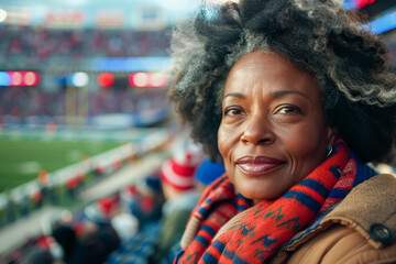 fan woman at the stadium, waving a flag in victory, football match, shared emotion of the crowd