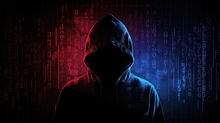 Hacking concept. Hacker with binary code digital interface background.