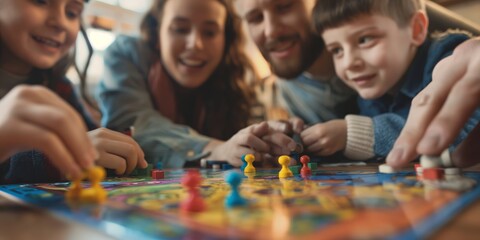 A family of four enjoys quality time playing a colorful board game together, implying fun and bonding, with a blurred home background