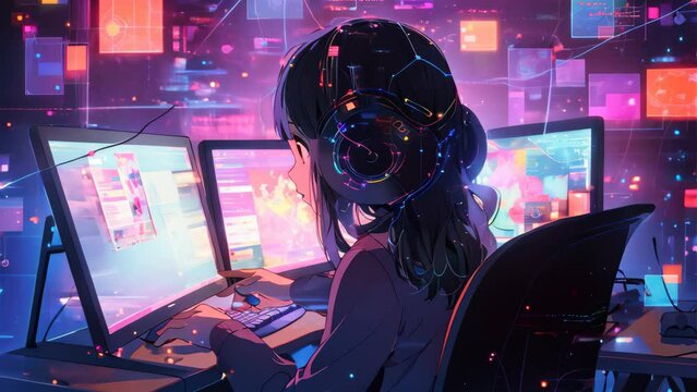 Anime style of young woman working with computer.