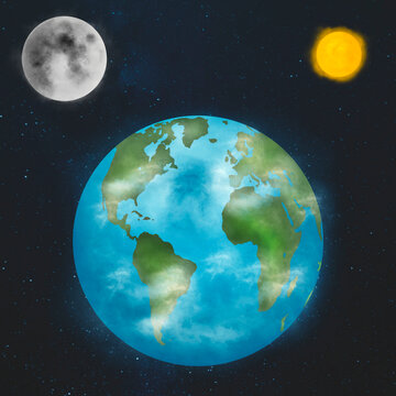 Digitally generated composite of planet earth, the sun and moon in space
