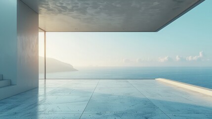 A large open space with a view of the ocean. The space is white and has a modern feel
