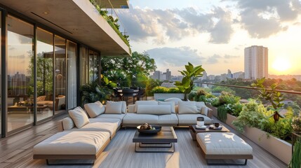 Fototapeta premium A large, open balcony with a view of the city and a sunset. The balcony is filled with comfortable furniture, including a couch, chairs, and a dining table. There are also potted plants