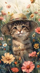 Curious Feline Exploring Enchanting Pastel Hued Flower Field in Whimsical Watercolor