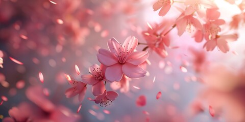 Bright pink cherry blossoms in full bloom against a blurred background, emphasizing the beauty of spring and renewal - obrazy, fototapety, plakaty
