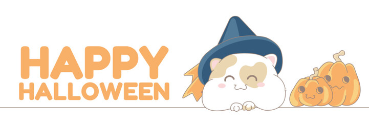 Cute smiling white cat in witch hat. Halloween border with kawaii pussycat and pumpkins. Frame with kitty on white background in cartoons style.