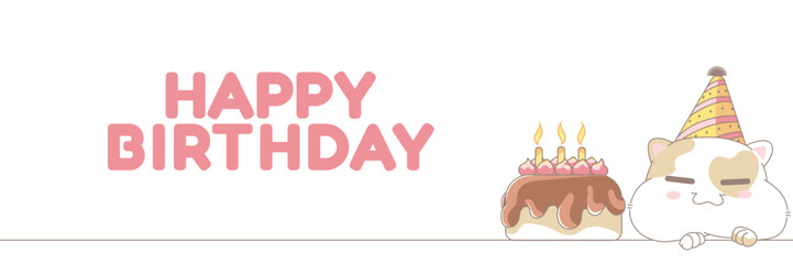 Cute fatty cat in party hat and birthday cake, vetor illustraton. Birthday theme banner with copy space. Cute white kitten illustration for birthday greeting card.