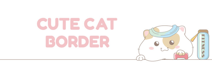 Fatty white cat with sports equipment hand drawn illustration in anime style. Fitness background with copy space and cute illustration.