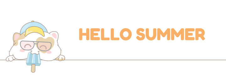 Fatty white cat in sunglasses eating ice cream. Summer time banner with copy space.