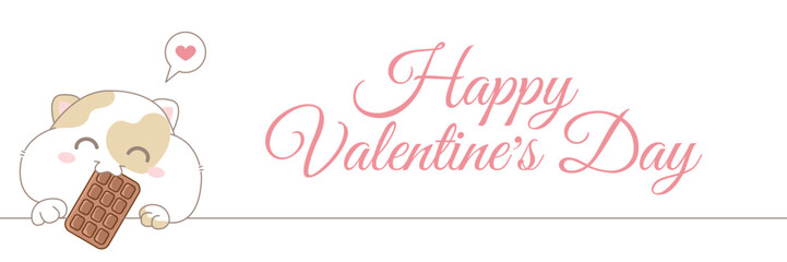 Valentine's day horizontal banner with cute fatty cat eating chocolate. Smiling white kitty eat candy. Frame with copy space and doodle illustration.