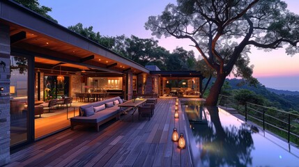 A large house with a pool and a tree in the background. The house has a lot of windows and a large patio