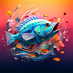 colorful abstract  fish soundscape. symbolizing the Disrupted ocean due to plastic pollution. Fight for a silent Earth Day
