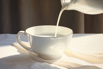 Close-up, milk pour into jar, soft morning light, crisp clarity