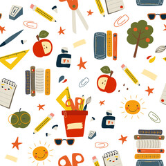 Stationery seamless pattern. Vector various school supplies on a white background. Cute colorful back to school wallpaper, wrapping paper, textile design, card, repeat print. Books, pencil, notebook.