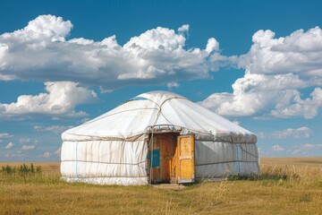 A white yurt in the steppe with an open door under a blue sky