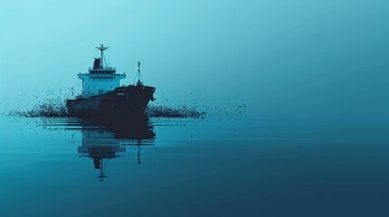 A dark blue cargo ship sails on a calm sea under a light blue sky. - obrazy, fototapety, plakaty