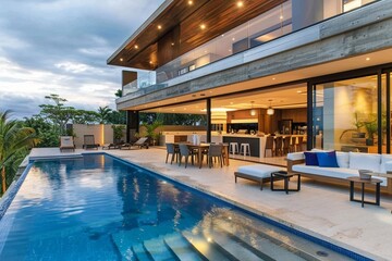 Modern patio outdoor with swimming pool. Modern house interior and exterior design