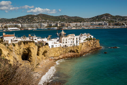 Ibiza old town with new town in the background, Ibiza, Balearic Islands, Spain