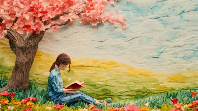 Cute painting watercolor of woman reading book in nature.