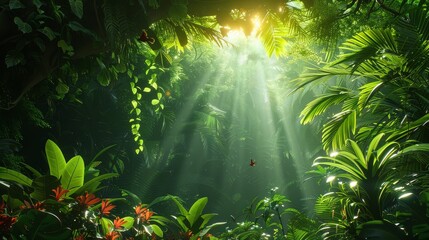 A lush green jungle with sun rays shining through the trees.