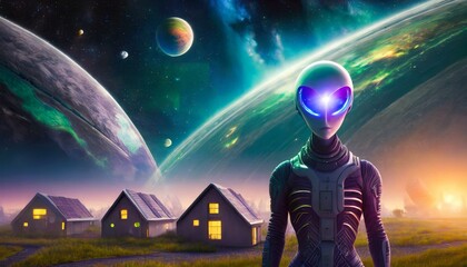 Alien persona with alien planet background and microwaves of light and future houses night, moon, sky, light, star, landscape, nature, fantasy, planet, dark, space, aurora, Allen's, earth  - obrazy, fototapety, plakaty