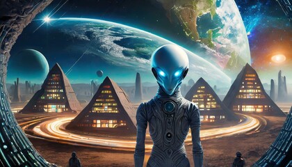 Alien persona with alien planet background and microwaves of light and future houses night, moon, sky, light, star, landscape, nature, fantasy, planet, dark, space, aurora, Allen's, earth  - obrazy, fototapety, plakaty