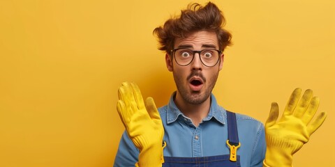 A surprised handyman with wide-eyed expression and raised gloves stands against a plain yellow background, representing astonishment - obrazy, fototapety, plakaty
