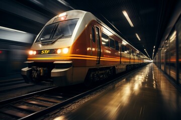 A sleek orange and gray train speeds through a modern station. - obrazy, fototapety, plakaty