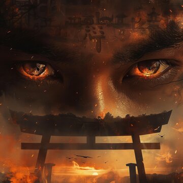 A samurai stands in front of a burning temple.
