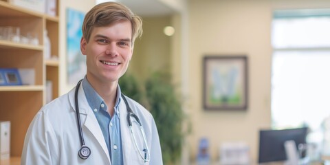 A confident young male doctor smiles warmly in his medical office, promoting trust and professionalism with an office background