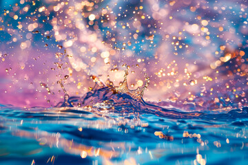 Abstract water background with a splash and many droplets, light, reflection and bokeh effect, golden shimmer on the surface - 787997259
