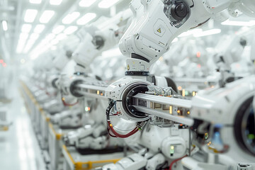 Robots in manufacturing, intelligent automation in industry, futuristic factory setup, precision engineering.