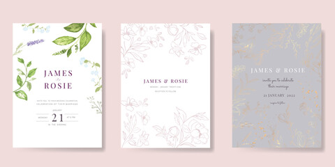 Minimal pink botanical Wedding Invitation, floral invite thank you, rsvp modern card Design in leaf and flower water color texture decorative Vector elegant rustic template - 787997497