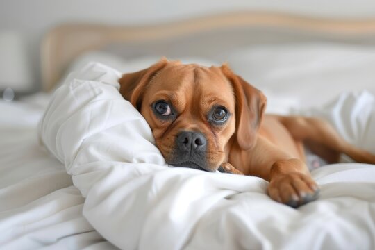 Adorable puggle relaxing on white sheets in bed