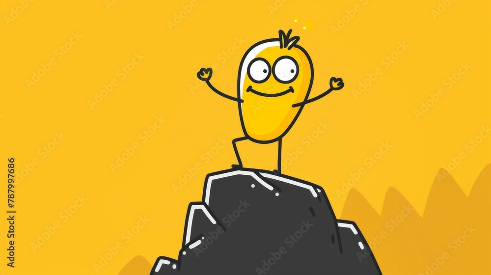 Sticker a cartoon character standing on top of a mountain with arms raised, ai