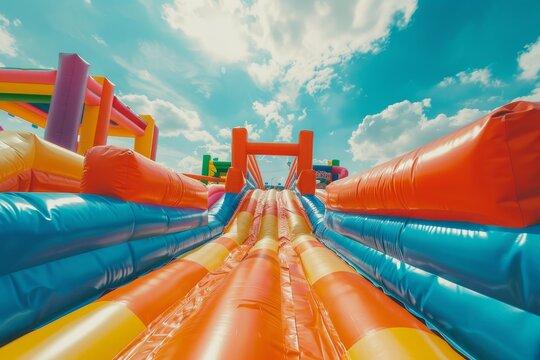 Air escapes from inflatable obstacle course in amusement park Description of various attractions Holiday planning