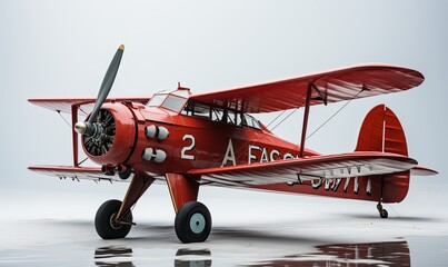 Red Biplane With Propeller on Reflective Surface
