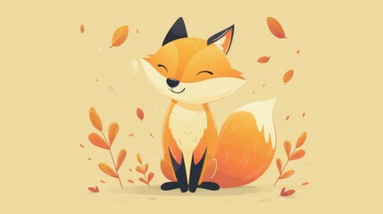Fototapeta premium A cartoon fox sitting on a beige background with leaves, AI