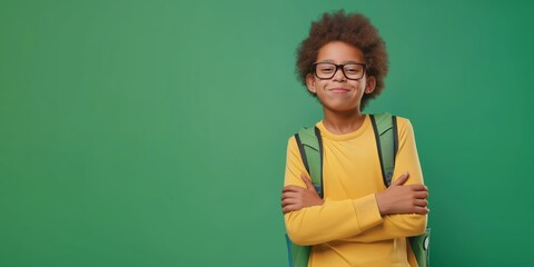 Cheerful young student with glasses posing confidently on a vibrant green background