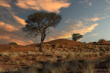 huge sand dunes in the Namib Desert with trees in the foreground of Namibia