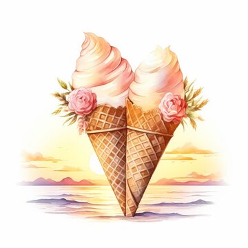 Two ice cream cones gently touch against a soft sunset backdrop, creating a sweet moment captured in a vintage watercolor illustration.
