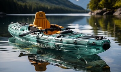 Inflatable Kayak on Lake With Mountains