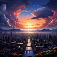 Fotobehang Illustration of a diverse array of backgrounds, from serene mountain landscapes at sunrise to the bustling streets of a futuristic cityscape © Jafar