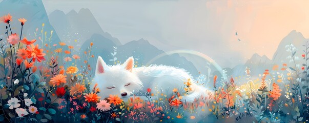 Serene Watercolor Depiction of a Dog in a Pastel Floral Landscape with a Glowing Rainbow - obrazy, fototapety, plakaty