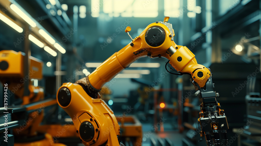 Poster a robot is working in a factory. the robot is yellow and has a long arm