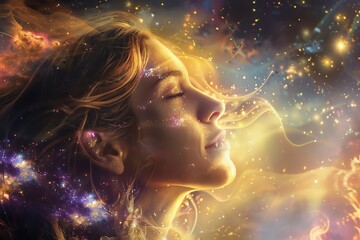 Mystical woman surrounded by cosmic energy - A surreal image of a woman with flowing hair, intertwined with vibrant cosmic elements representing creativity and the universe