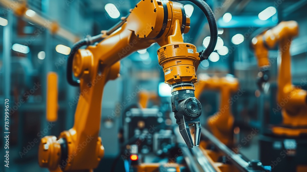 Poster a robot is working in a factory. the robot is yellow and has a long arm