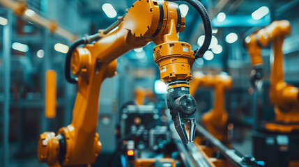 A robot is working in a factory. The robot is yellow and has a long arm - obrazy, fototapety, plakaty