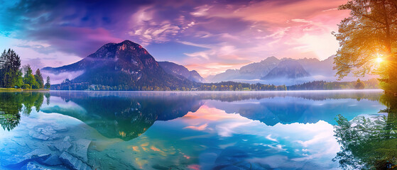 Fototapeta na wymiar Beautiful summer scene of a lake. Colorful morning view of mountains
